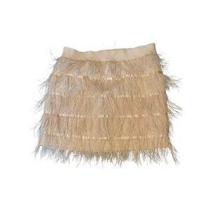 Akira Feather Mini Skirt Womens Size M Ostrich Feather Blush Tan Satin Trim